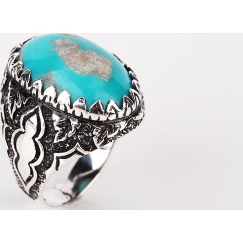UM US JEWELRY Turquoise Natural Stone Hand Embroidered 925 Sterling Silver Men Ring
