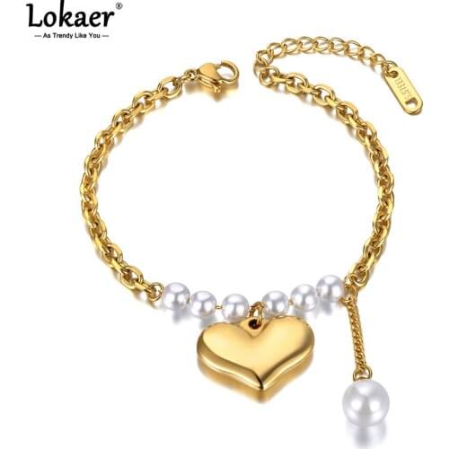 Lokaer Fashion Goth Stainless Steel Lovely Heart Charm Bracelets Bohemia White Pearl Choker Bracelet For Women Girls B21056