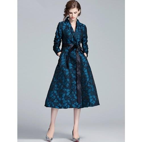 Elegant Jacquard Floral Trench Coat Autumn Winter Women Notched Single-Breasted Long Overcoat Female Pocket Outwear With Belt