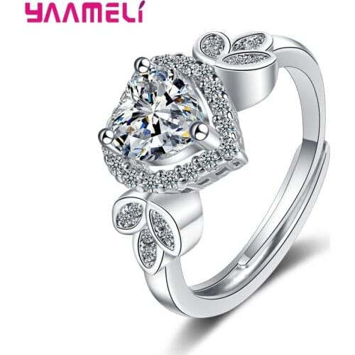 Shining 925 Sterling Silver Ring for Women Clear Heart Cubic Zirconia Inlay Wedding Engagement Jewelry Opening Band Adjustable