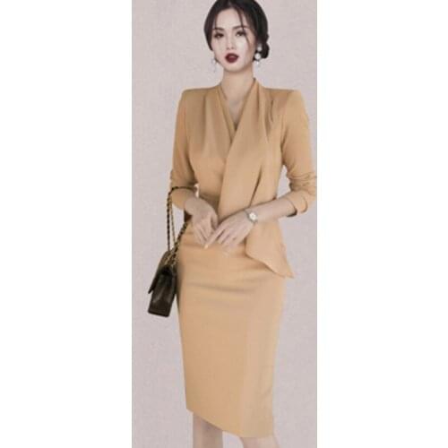 Spring 2021 New High-End Temperament Slim Long Sleeve Bodycon Pencil Dress V-Neck Ruffles Deco Elegant OL Work Dress