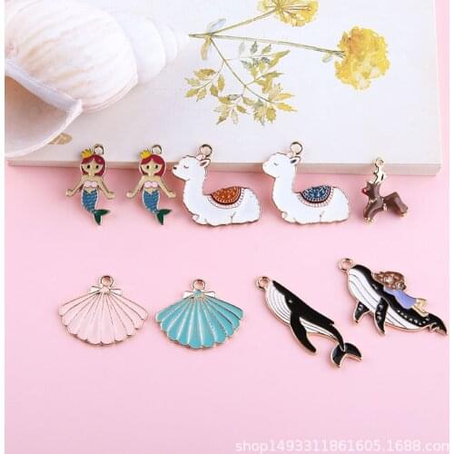 10pcs Alpaca Shark Mermaid Fairy Skirt Enamel Charms Pendants Fit DIY Jewelry Finding Gold Tone Animals Dangle Accessory YZ510
