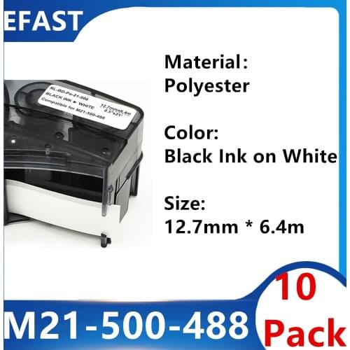 10 Pack M21 500 488 Polyester Label Ribbon opakowanie Label Tape For BMP21 PLUS bmp21 LAB Printer Black On White 12.7mm * 6.4m