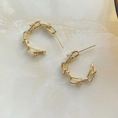 14K Real Gold Elegant Letter U Link Stud Earrings for Women AAA Cubic Zircon Delicate Jewelry Luxury Crystal Earrings