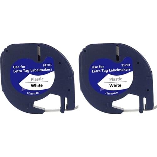 2 Pack Plastic Label Tapes for Dymo LetraTag 91201 Black on White (12mm x 4M) for LT-100H, LT-100T, LT-2000, QX50