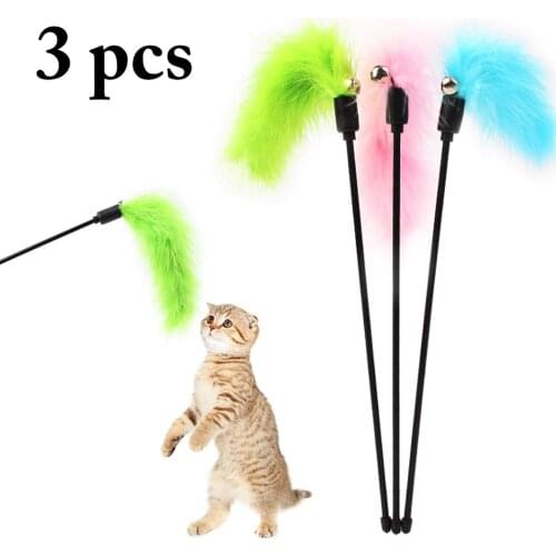 3PCS Interactive Artificial Feather Cat Training Toy Cat Wand Toy Solid Color Feather Short Rod Funny Cat Stick Pink Green Blue