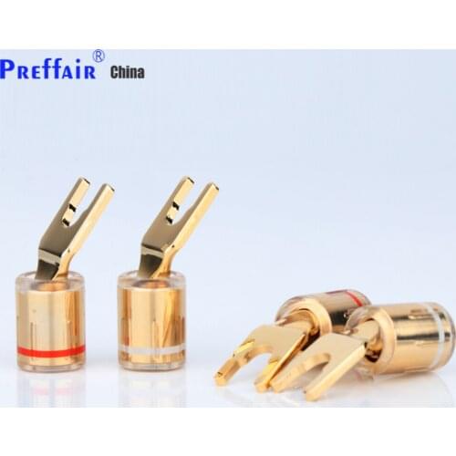 4pcs SY1527 pure copper Gold plated Spade plug for speaker cable Screw Locking banana Connector HIFI Fork Plug