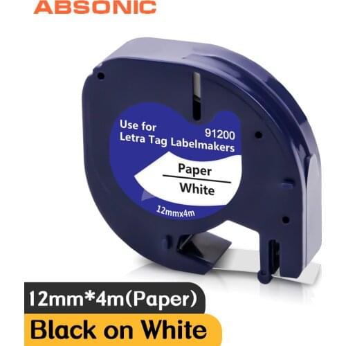 Absonic 1/2" 12mm Paper Label Tape 91200 Compatible DYMO 91330 91220 Black on White Label Maker for LT LetraTag LT-100H QX-50