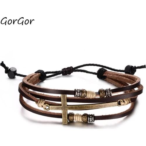 GorGor New Arrivals Vintage Multilayer Leather Braided Wrap Cross Drawstring Bracelets for Fashion Men Jewelry Gift BL-150