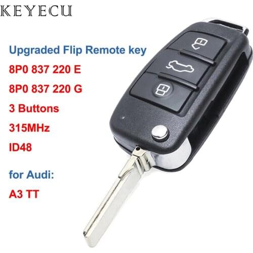 Keyecu Upgraded Flip Remote Car Key 3 Button 315MHz ID48 Chip Fob for Audi A3 TT 2006-2010 P/N: 8P0837220E/8P0837220G