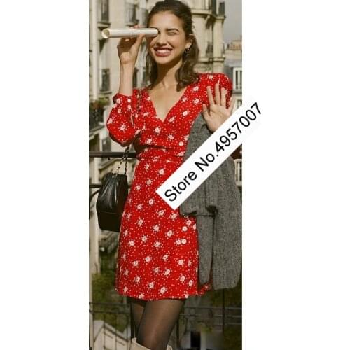 Elfbop 100% Viscose Floral Printed Wrap V Neckline Short Mini Dress Features with Waist Ties & Long Sleeve