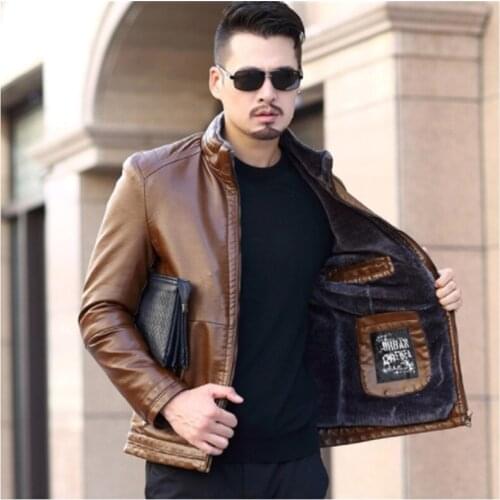 Plus size 8XL 7XL 6X Leather Jacket Men Winter Leanther Jacket Solid Thick Coat Male Thermal Fleece Casual Stand Collar Clothing