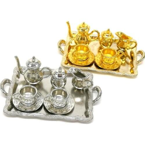 10Pcs/set Metal Tea Doll House Furniture Doll House Miniature Miniature Dining Tableware Toy Teapot Cup Plate