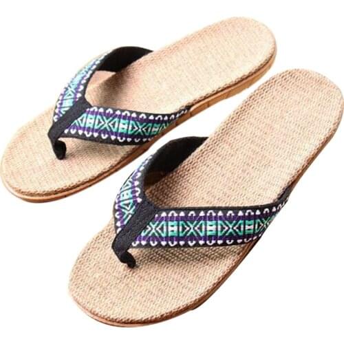 Mens Outdoor Beach Flip Flops House Linen Slippers Indoor EVA Comfortable Flax Slippers Male Flat Sandals Blue Hotel Home Shoes