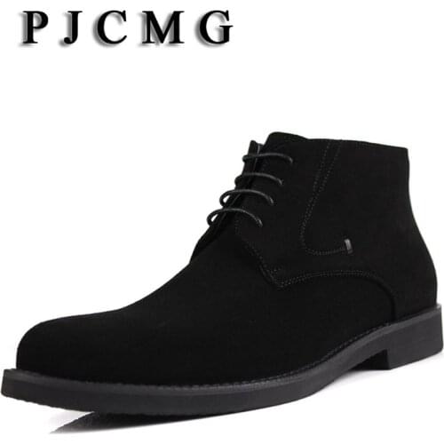 PJCMG High Quality Men Boots Lace-Up Ankle Waterproof Rubber Casual Genuine Leather Military Boots For Wedding Business