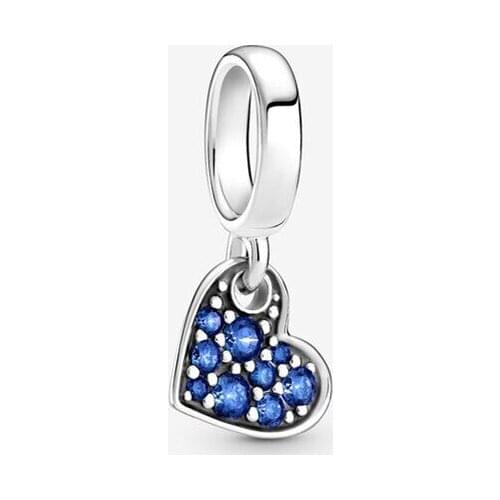 Mothers Day Gift 925 Sterling Silver Jewelry Blue Pave Heart Dangle Charms Fit Beads Bracelet Pendant Necklace DIY For Women
