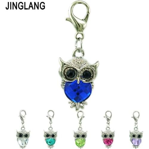 JINGLANG Brand New Owl Lobster Clasp Charms Dangle Plastic Crystal Animals Pendants DIY Charms For Jewelry Making Accessories