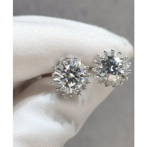 Silver 925 Original Brilliant Cut Total 2 Carat Diamond Test Past D Color Moissanite Snowflake Stud Earrings Gemstone Jewelry