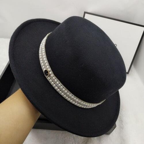 New Autumn And Winter Pearl Rhinestone Wool Cap Fedora Flat Top Hat Wide Brim Fedora Woolen Hat Female Felt Hat Womans Hats