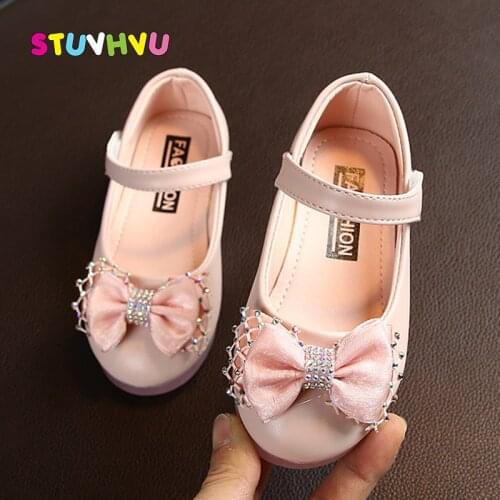 2021 New Leather Children Shoes for Girl Rhinestone Bow Princess Shoes Soft Bottom Non-slip Toddler Girls Kids Shoes Size 22-31