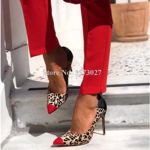 Sexy Leopard Mixed Color Stiletto Heel Pumps Shoes Women Fashion Pointed Toe Snakeskin Leather Single Shoes Lady High Heels