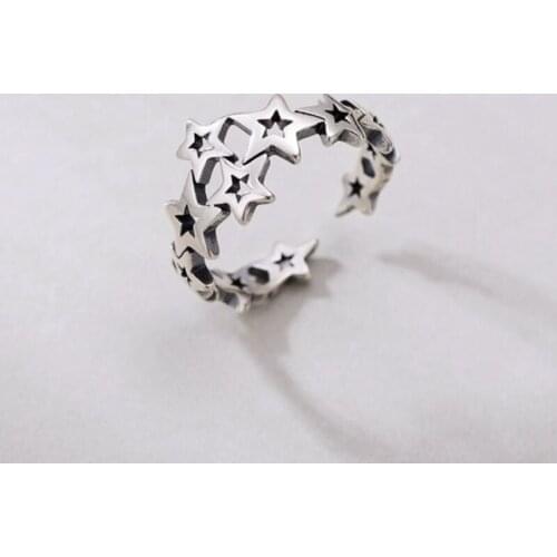 Vintage 925 Sterling Silver Star Rings AntiqueOpen Finger Adjustable Ring For Women Girls Hollow Korean Design Jewelry Gifts