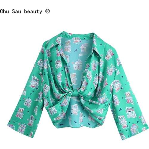 2021 Summer New Turn Down Collar Single-Breasted Vintage Printing Tie Flared Sleeves Short Shirt For Women