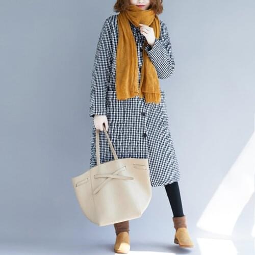 Aransue Checks Cotton Padded Clothes Lady New Autumn Winter Top Long Design OverCoat S-XXL Over The Knee Jacket
