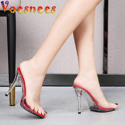 Voesnees 2021 Fashion Summer Leopard Print Slippers PVC Crystal Open Toed Sandals Women Sexy Transparent Heel High Heel Shoes