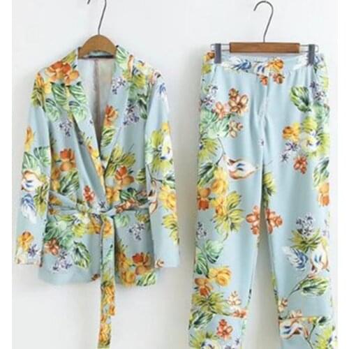 Autumn Womens suit European style holiday ladys pajamas flower pattern blue Blazer And Pant suit casual two / piece suit