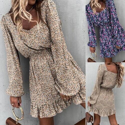 Women Autumn Long Puff Sleeve Square Neck Floral Print Ruffle A-line Mini Dress