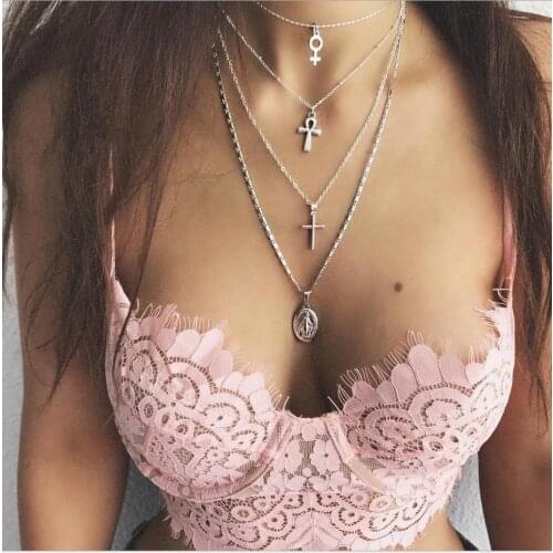 Fashion sexy Necklace Four layer cross flower Virgin Mary oval-shaped slide pendant metal chain silver color plated woman gift