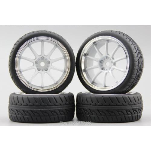 4pcs RC 1/10 Soft Rubber On Road Car Tire Tyre Wheel Rim W10S2CW 4mm Offset(Chrome+Painting White) 10513(4)+Rubber Tire