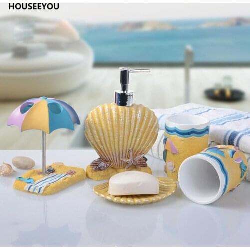 5pcs/set Bathroom Accessories Set Children Sea Beach Shell Style Bathroom Products Sets Cartoon Resin Toothbrush Cup Soap Dish