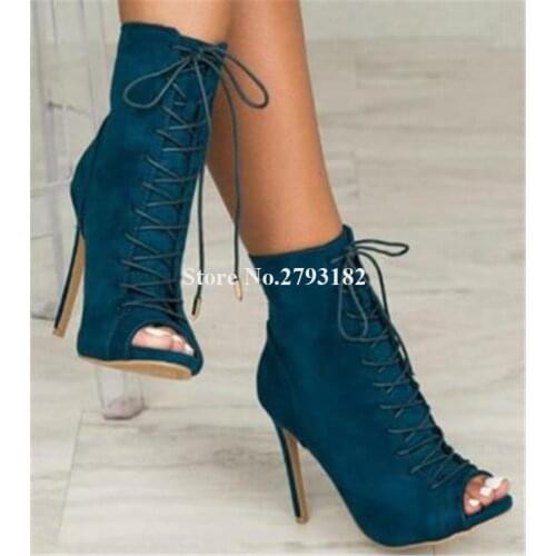 Brand Fashion Women Peep Toe Suede Leather Stiletto Heel Short Gladiator Boots Lace-up Blue Army Green High Heel Ankle Booties