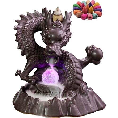 Home Decor 7-Color Change Incense Burner Handmade Ceramic Dragon Backflow Incense Burner Creative Smoke Waterfall