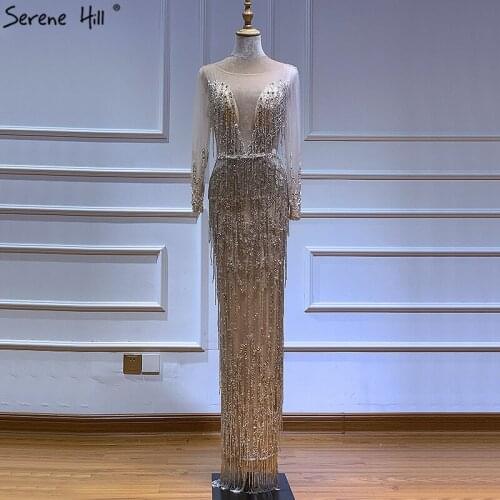 Dubai Luxury Mermaid Backless Sexy Evening Dresses 2020 Long Sleeves Beading Tassel Formal Dress Serene Hill LA60862