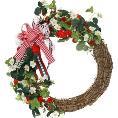 Artificial Strawberry Ribbon Bow Wreath, Christmas Wreath for Front Door Wedding Wall Window Farmhouse Home Decoration