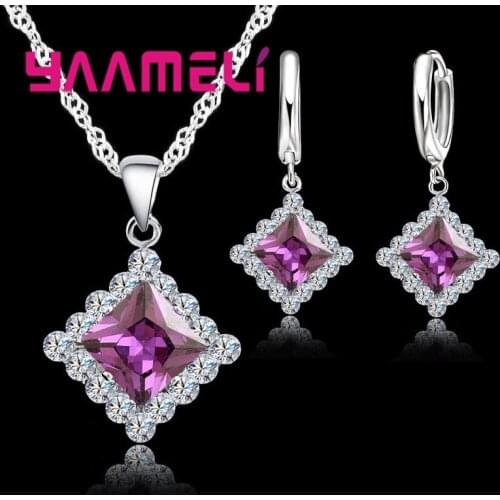 Pretty Square Crystals Pendant Necklace&Earrings Jewelry Sets For Women Wedding 925 Sterling Silver Fashion Accessories