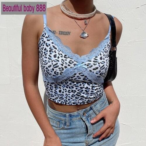 Meqeiss New Patcwhork Lace Leopard Spaghetti Strap Top Sleeveless 90s Crop Top Tee Frill Y2k Sexy Cami Top Summer Streetwear