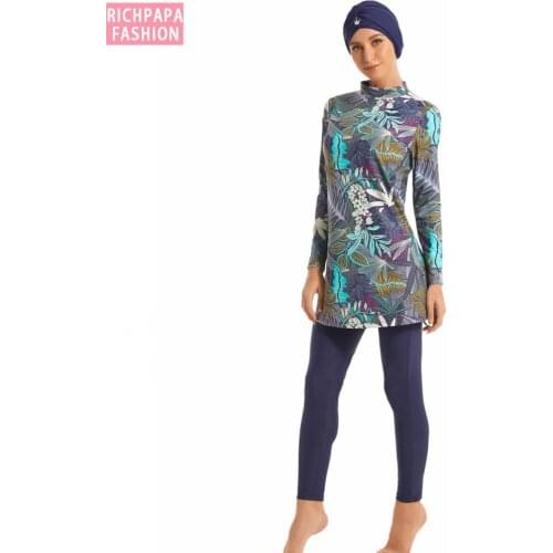 Muslim Swimwear Women Modest Patchwork Full Cover Long Sleeve Swimsuit Islamic Hijab Islam Burkinis Wear Bathing