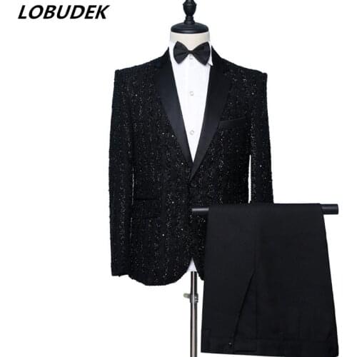 Mens 2-Piece Set Black Stripe Silk Dress Suits Fashion Bridegroom Wedding Suit Banquet Prom Tuxedo Singer Host Stage Costume