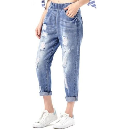 2021 New elastic waist denim jeans loose plus size XL-8XL harem pants hole destroy Pant ladies ripped loose denim brand casual
