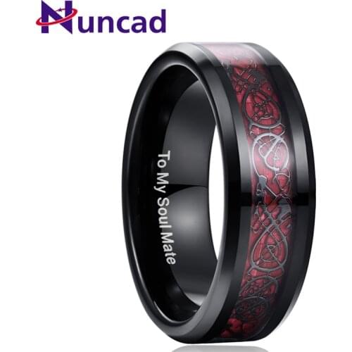 Nuncad 100% Tungsten Carbide Dragon Pattern Red Zircon Men Ring Wedding Bands Plating Black Color Carbon Fiber Ring Jewelry Gift