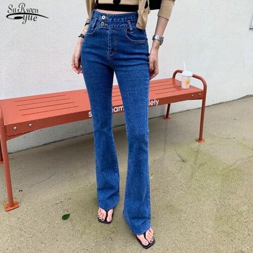 Skinny Slim Flare Pant Denim Jeans Korean Style New High Waist Washed Side 2 Button Micro Horn Burr Jeans Stretch Trousers 11569