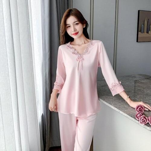 Pajamas Women Summer Ice Two Piece Suit Spring Autumn Sexy Lace Long Sleeve Thin Lady Home Clothes Female Sleepwear Nightwear
