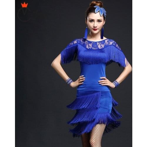 Latin Dance Dress Girls Kids adult Modern Ballroom tassel Fringe Salsa Tango lace half-sleeve costume compitition outfit