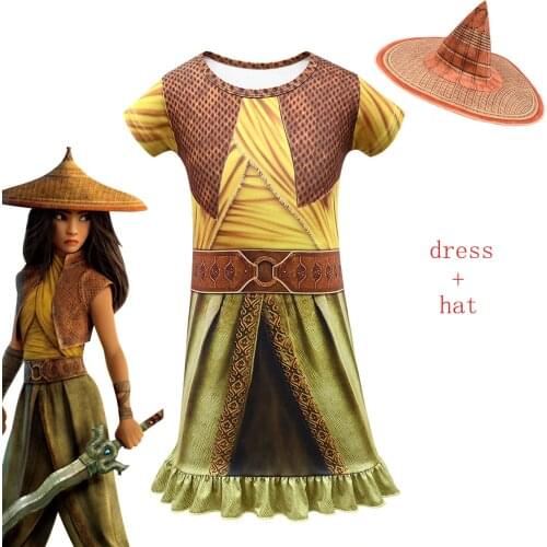 Baby Girls Dress Raya and The Last Dragon Cosplay Summer Cartoon Birthday Party Princess Dresses Childrens Clothing with Hat
