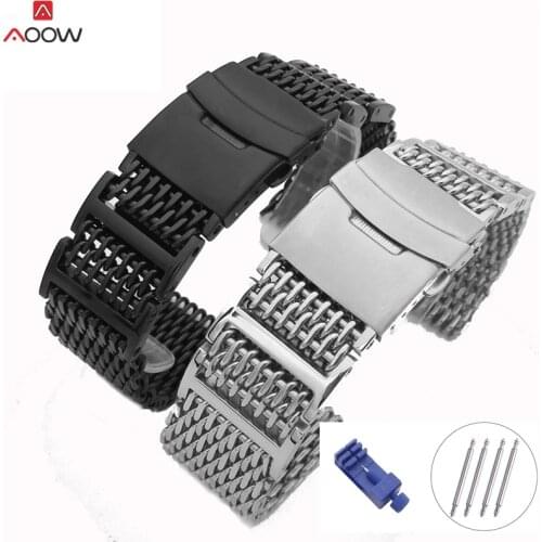 Mesh Stainless Steel Metal Strap Replacement Bracelet Folding Clasp with Safety Watch Band Strap Shark Silver 20mm 22mm 24mm
