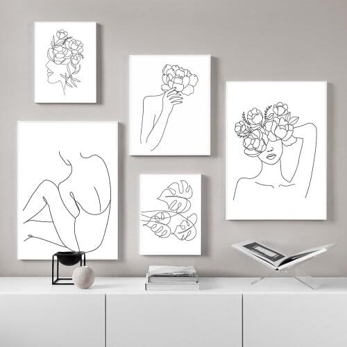 Nordic Minimalist Abstract Woman Line Art Poster Prints Plants Canvas Painting Wall Art Pictures Apartment Bedroom Home Decor
